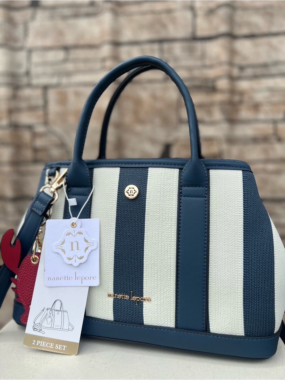 Nanette Lepore Navy & Cream Striped Satchel with Gold Accents